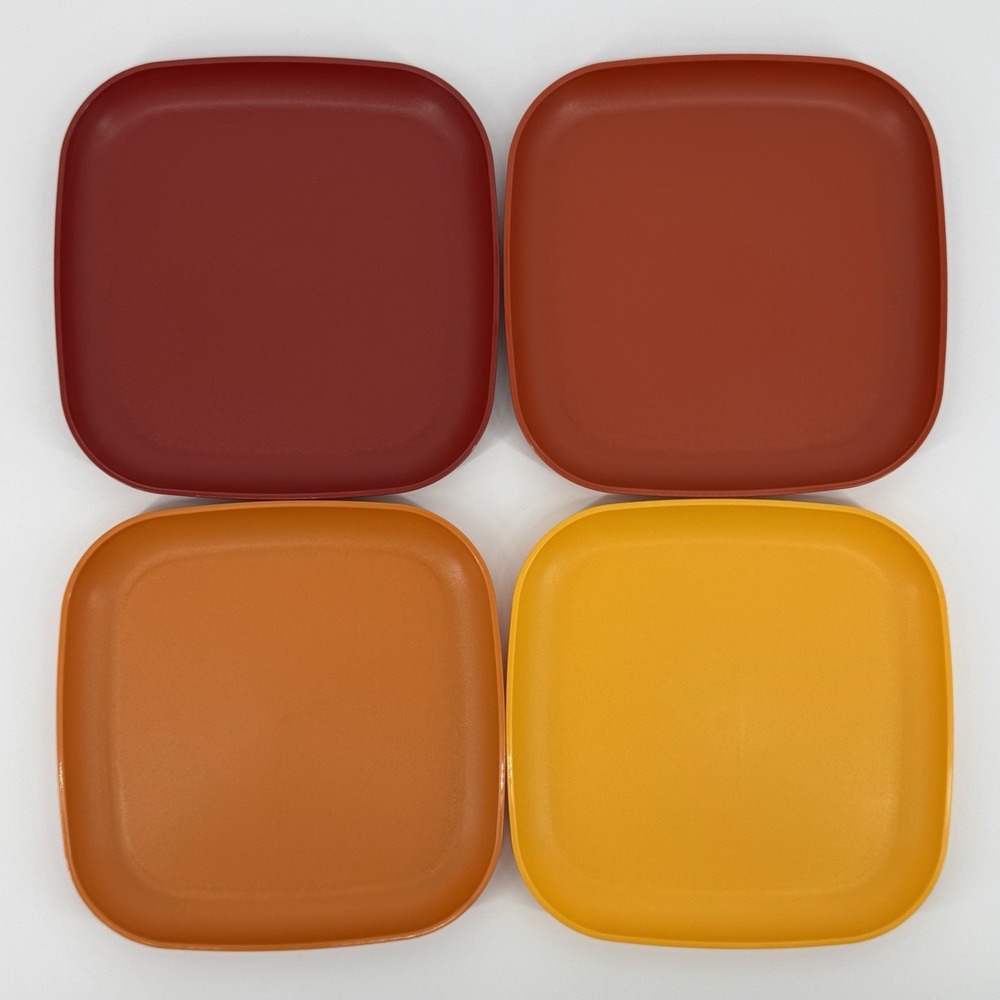Vintage Tupperware Square Luncheon Salad Plates Set 4 Harvest Colors USA Retro